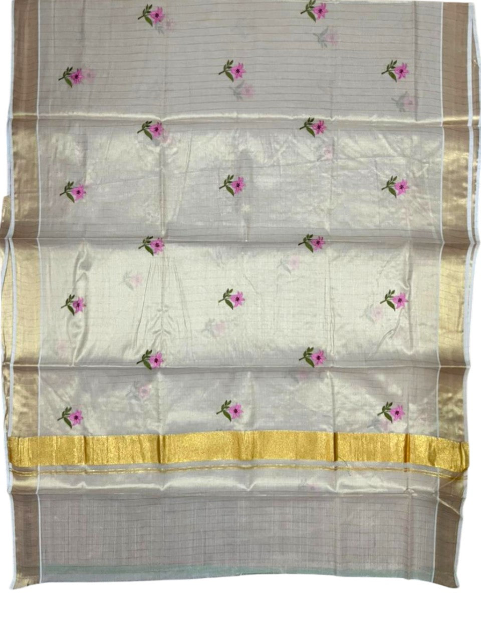 Southloom Kerala Tissue Pink And Green Floral Embroidery Design on the Body With Gold Kasavu