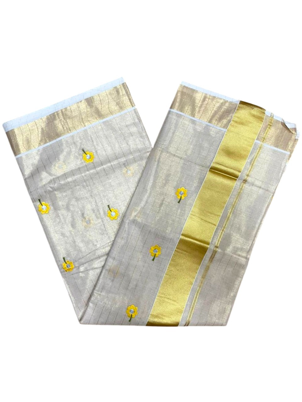 Southloom Kerala Tissue Yellow Floral Embroidery Design on the Body With Gold Kasavu
