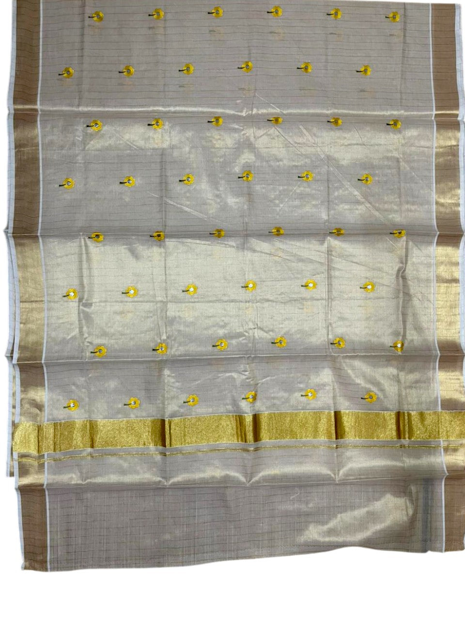 Southloom Kerala Tissue Yellow Floral Embroidery Design on the Body With Gold Kasavu