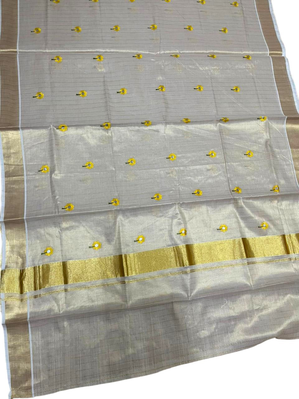 Southloom Kerala Tissue Yellow Floral Embroidery Design on the Body With Gold Kasavu