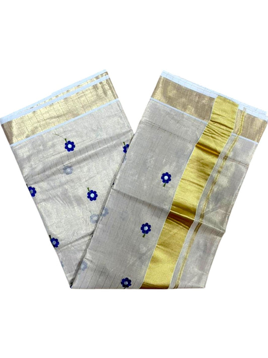 Southloom Kerala Tissue Blue Floral Embroidery Design on the Body With Gold Kasavu