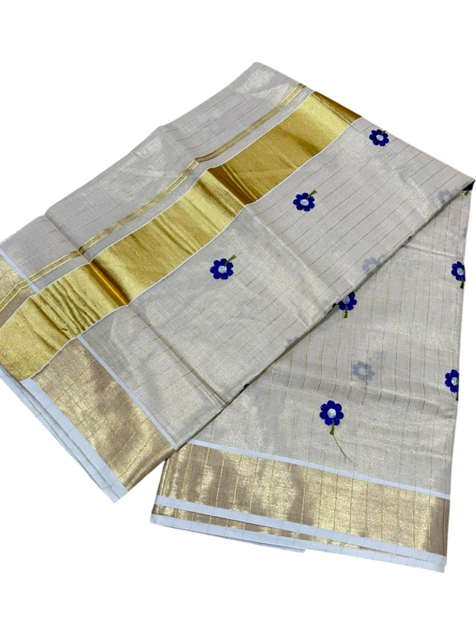 Southloom Kerala Tissue Blue Floral Embroidery Design on the Body With Gold Kasavu