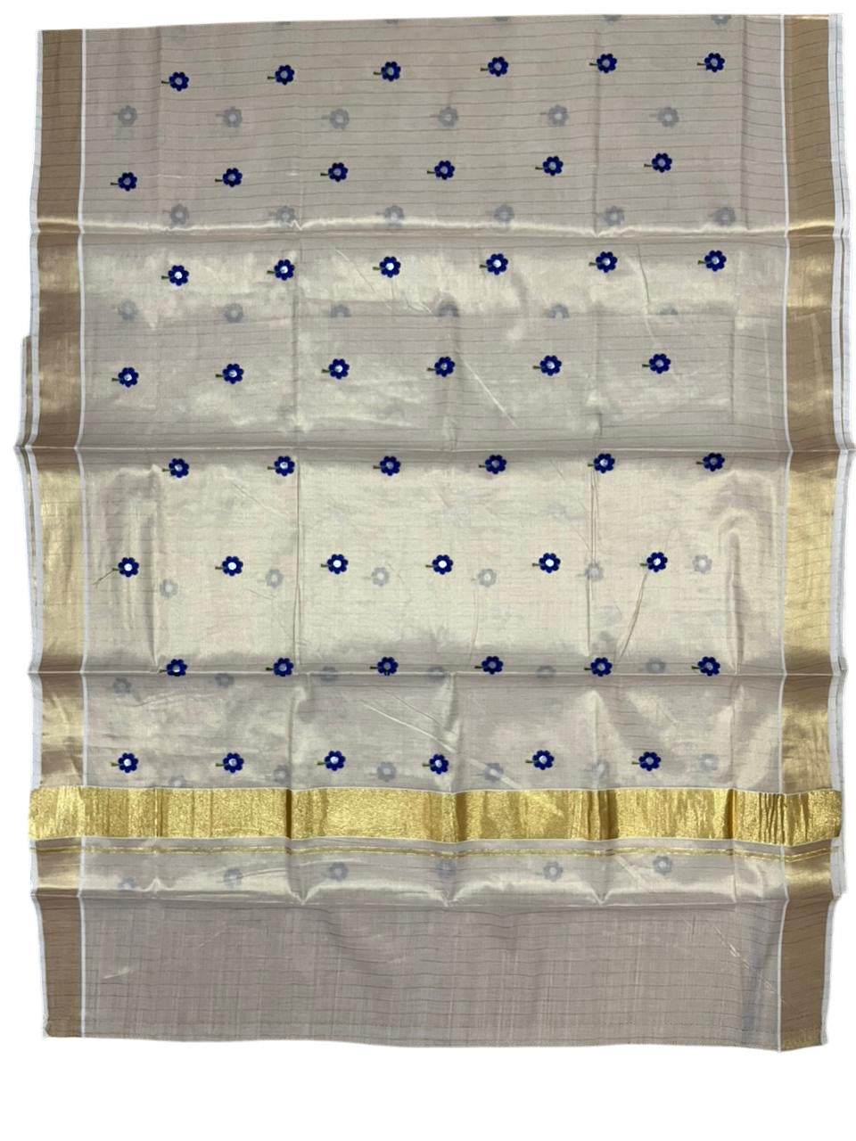 Southloom Kerala Tissue Blue Floral Embroidery Design on the Body With Gold Kasavu