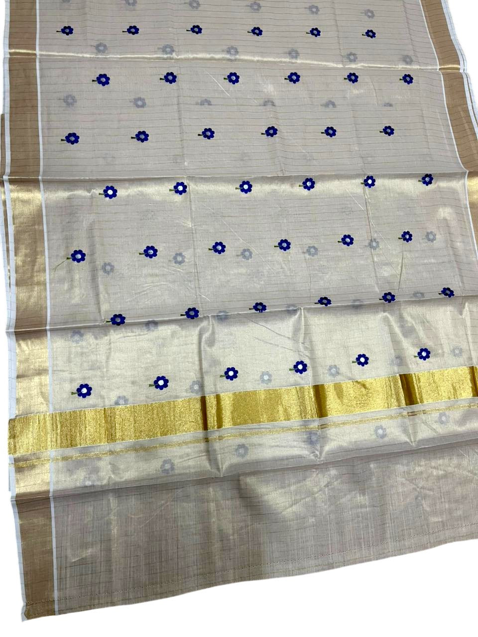 Southloom Kerala Tissue Blue Floral Embroidery Design on the Body With Gold Kasavu