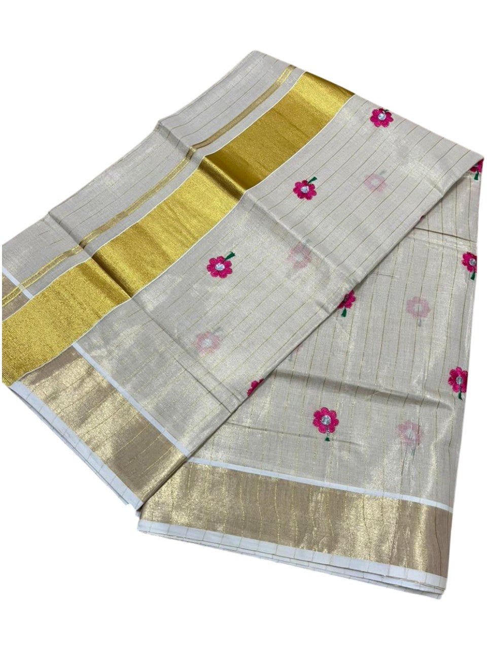 Southloom Kerala Tissue Pink Floral Embroidery Design on the Body With Gold Kasavu
