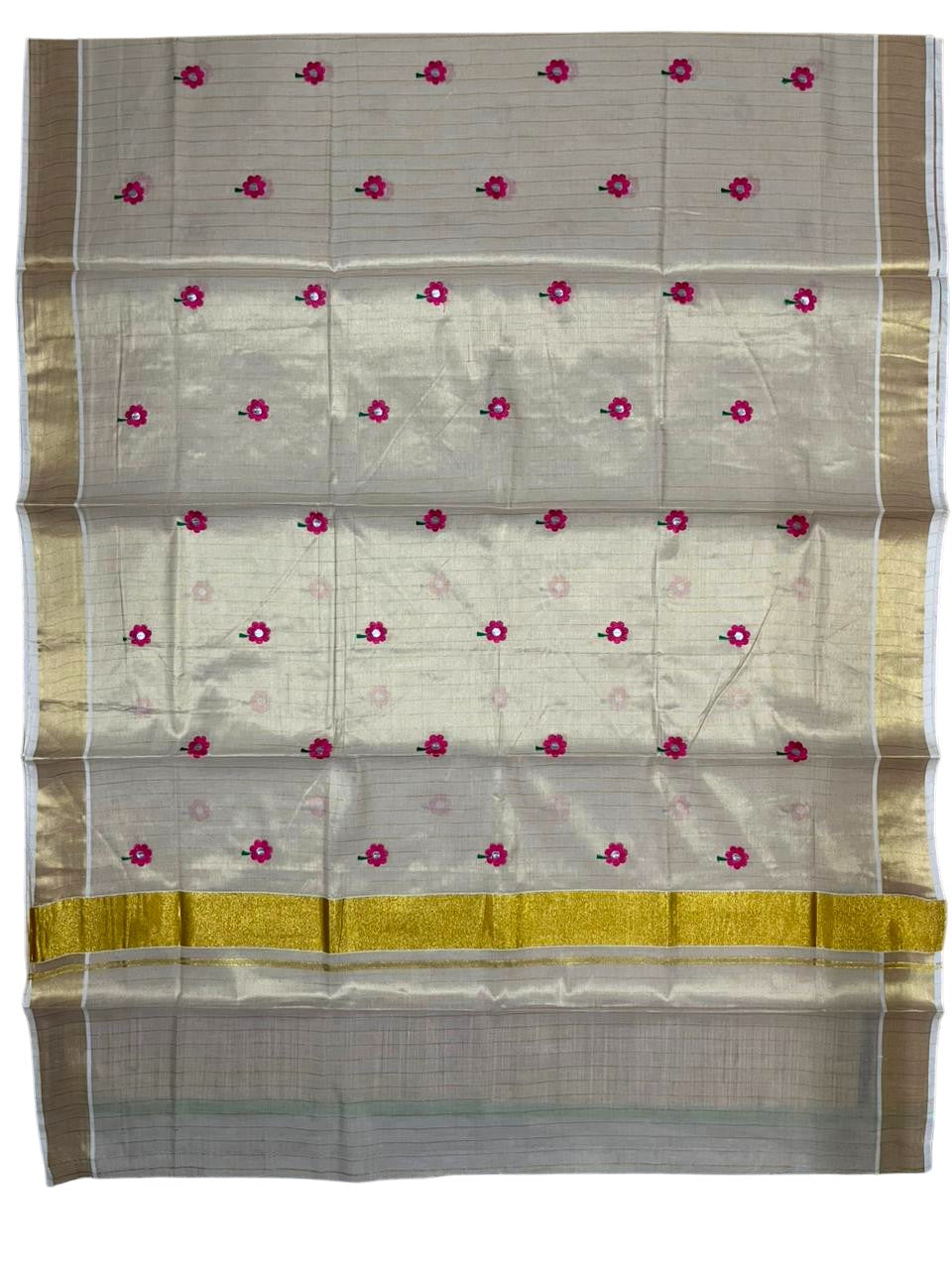 Southloom Kerala Tissue Pink Floral Embroidery Design on the Body With Gold Kasavu
