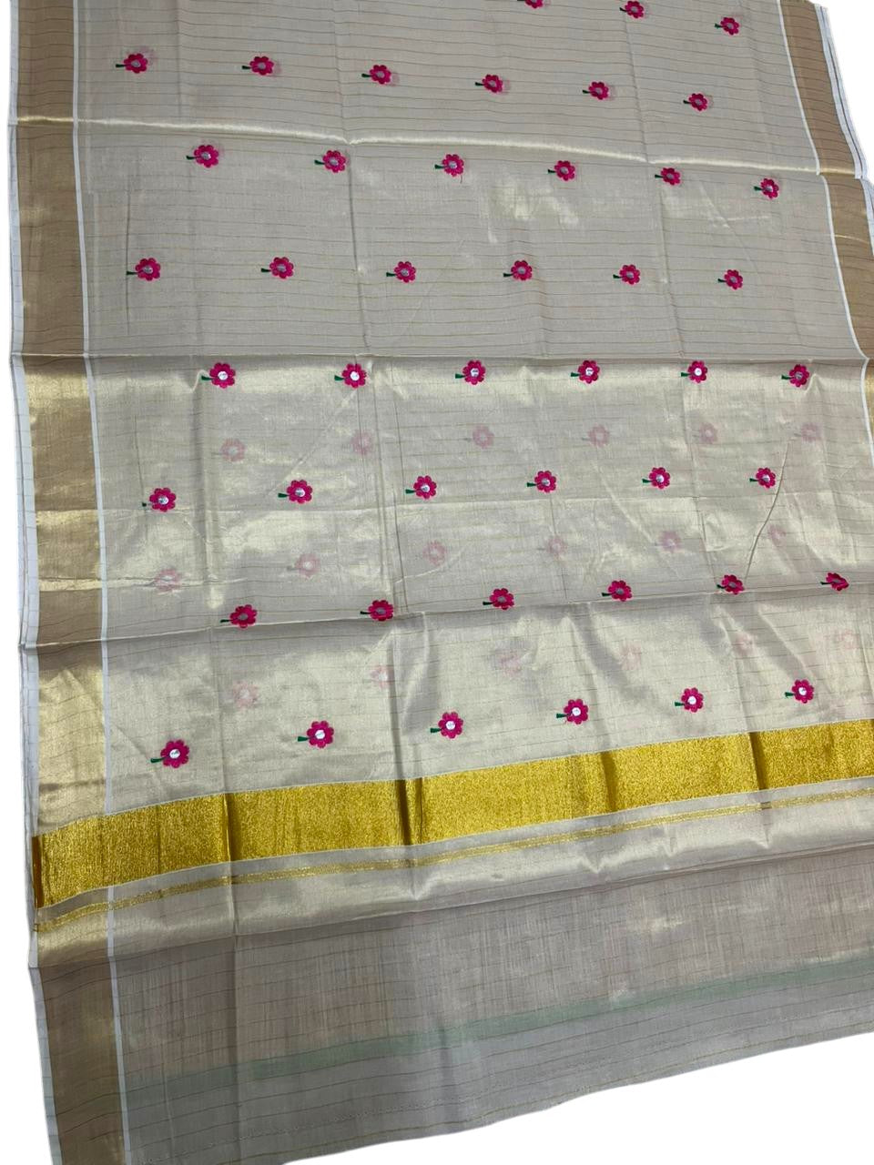 Southloom Kerala Tissue Pink Floral Embroidery Design on the Body With Gold Kasavu