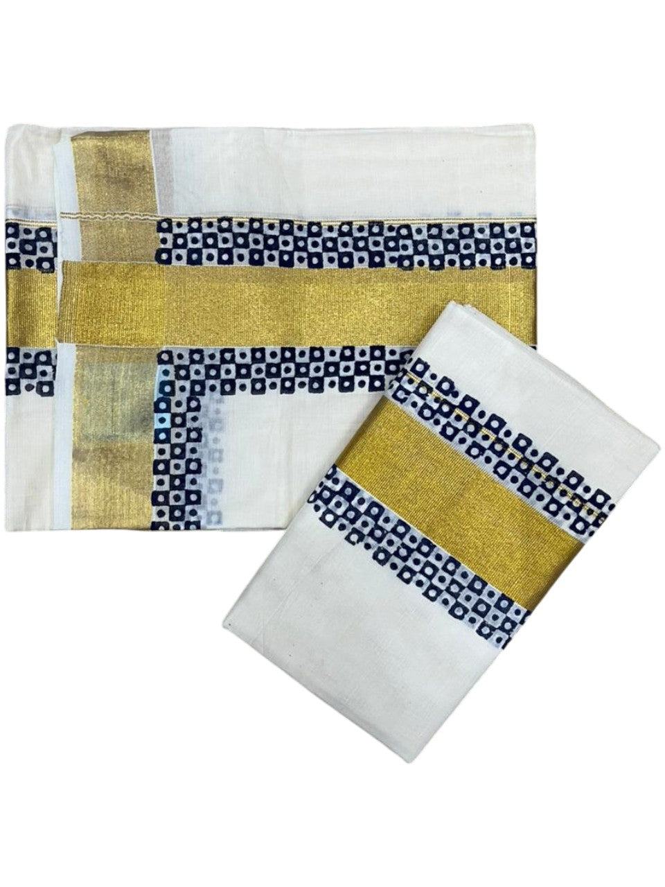 Southloom Pure Cotton Set Mundu with Gold Kasavu and Digital Print in Blue 2.80 Mtrs SL375