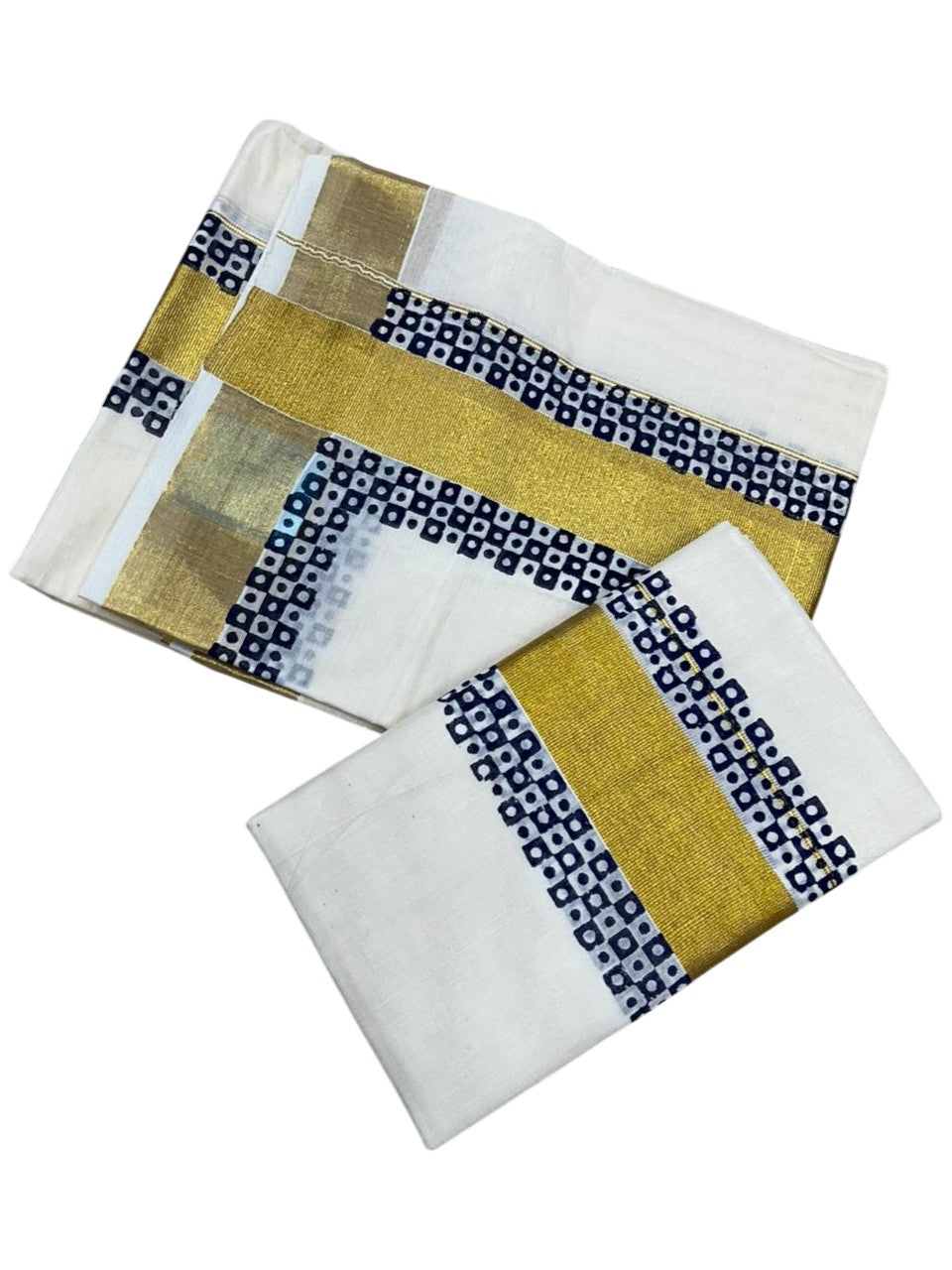 Southloom Pure Cotton Set Mundu with Gold Kasavu and Digital Print in Blue 2.80 Mtrs SL375