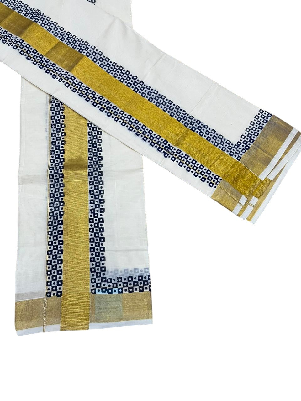 Southloom Pure Cotton Set Mundu with Gold Kasavu and Digital Print in Blue 2.80 Mtrs SL375