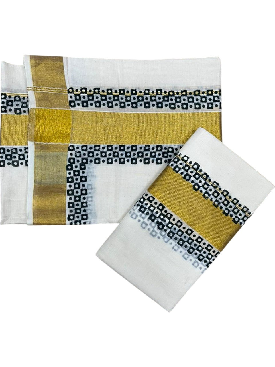 Southloom Pure Cotton Set Mundu with Gold Kasavu and Digital Print in Green 2.80 Mtrs SL375
