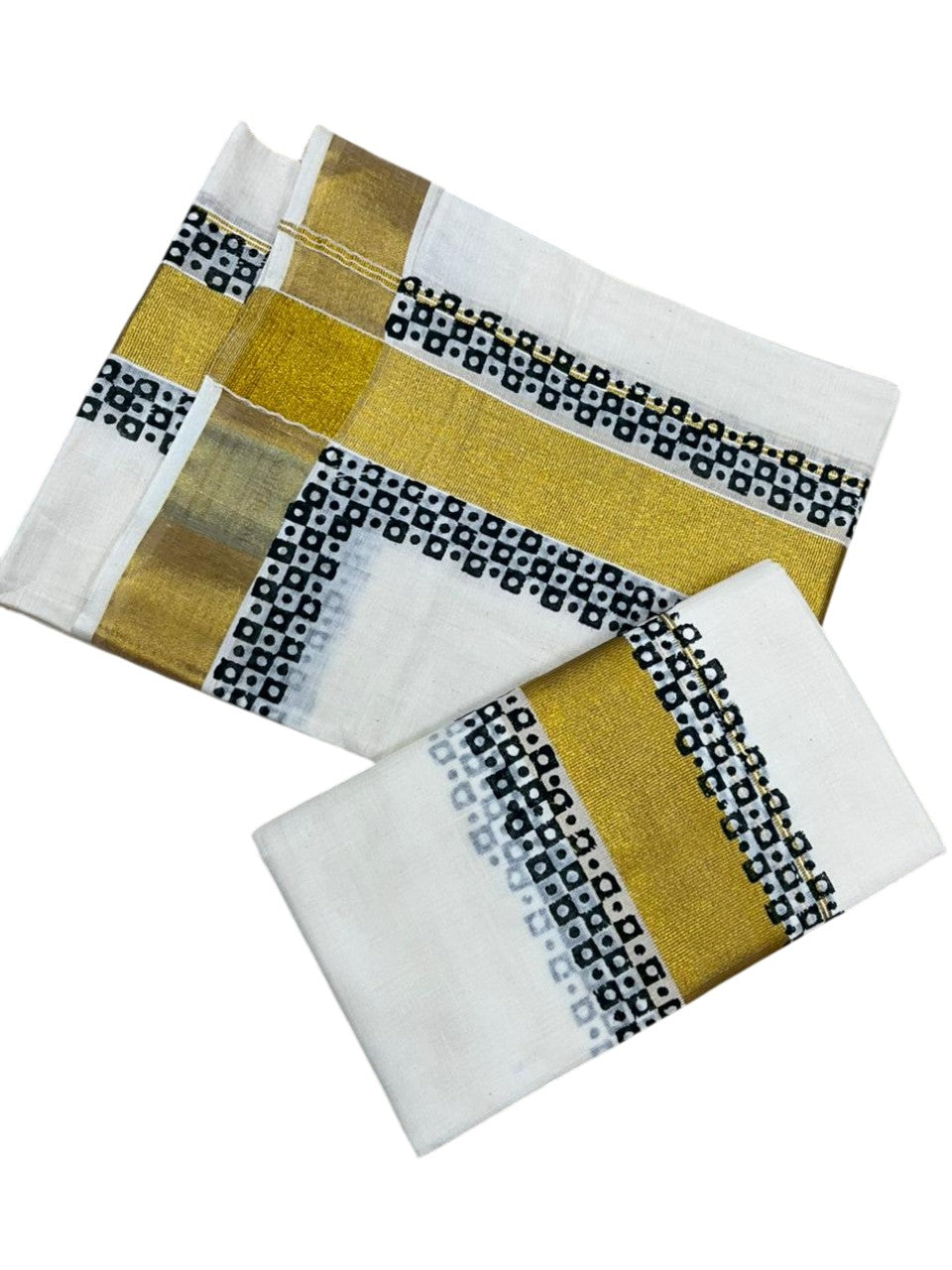Southloom Pure Cotton Set Mundu with Gold Kasavu and Digital Print in Green 2.80 Mtrs SL375