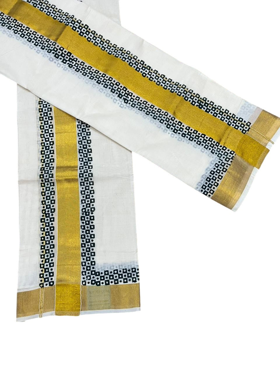 Southloom Pure Cotton Set Mundu with Gold Kasavu and Digital Print in Green 2.80 Mtrs SL375