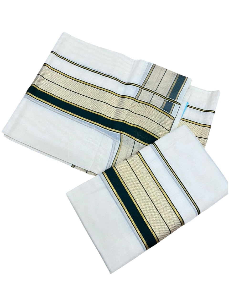 Southloom Pure Cotton Set Mundu with Gold Kasavu and Green Borders 2.80 Mtrs SL376