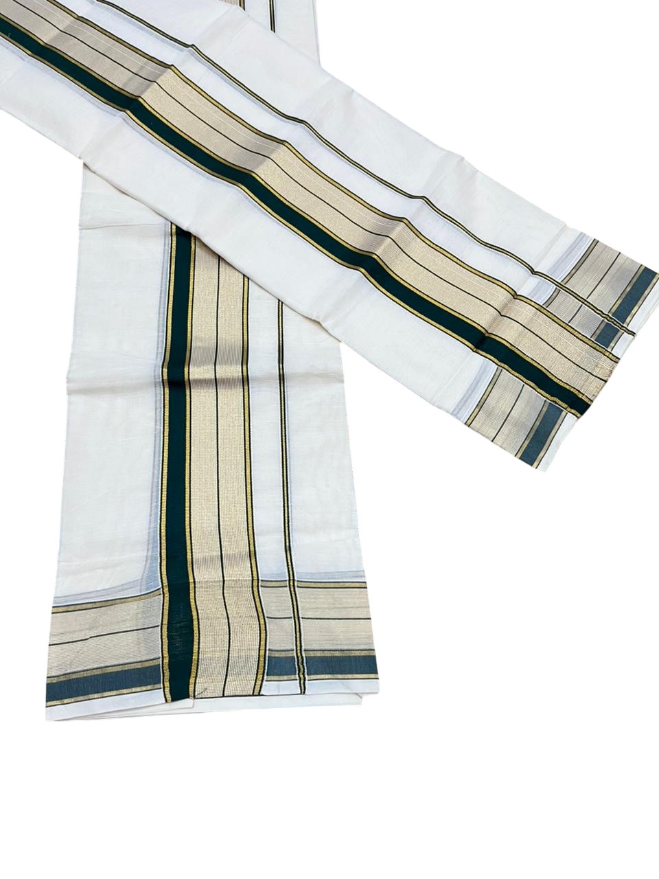Southloom Pure Cotton Set Mundu with Gold Kasavu and Green Borders 2.80 Mtrs SL376
