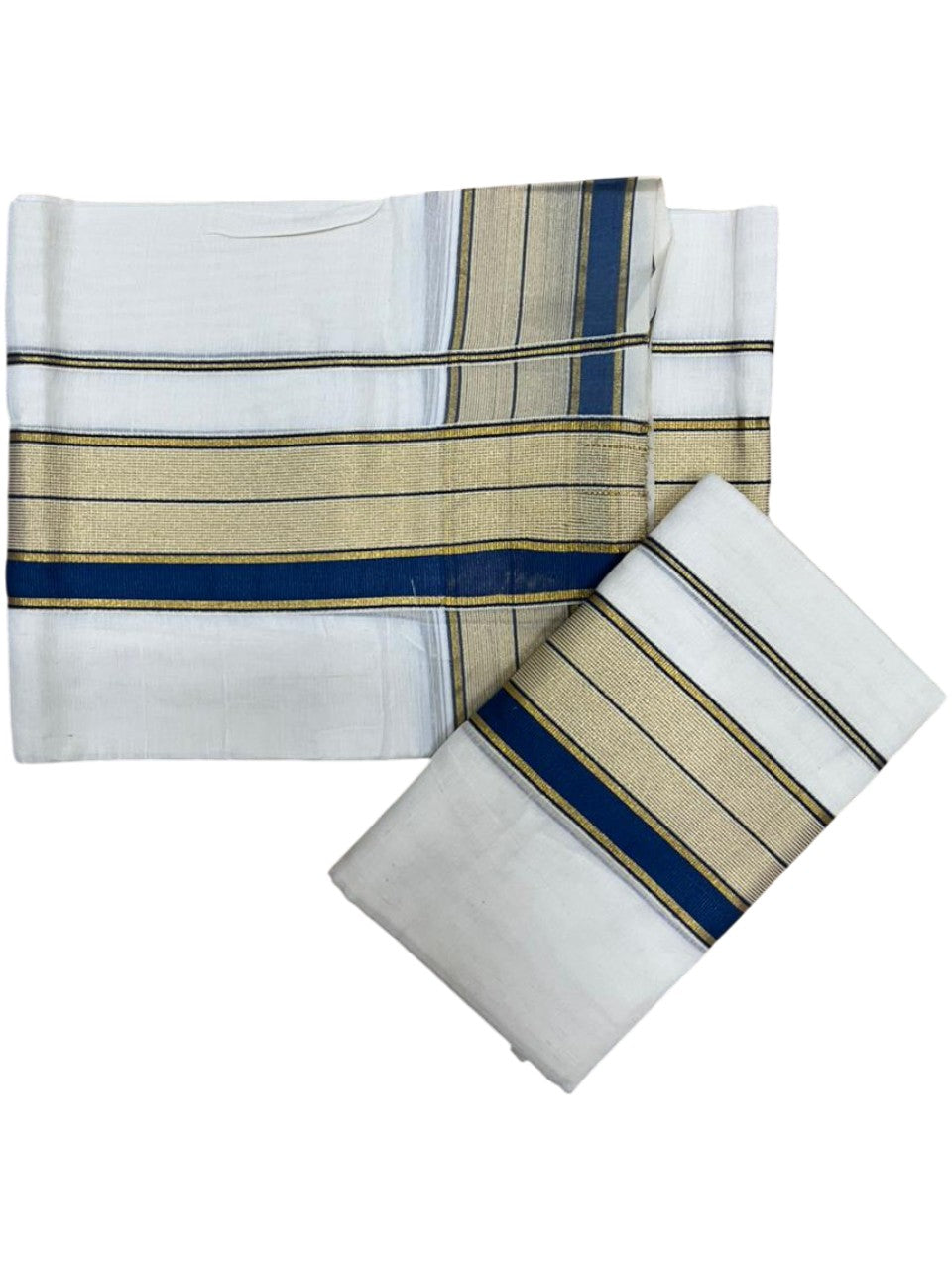 Southloom Pure Cotton Set Mundu with Gold Kasavu and Blue Borders 2.80 Mtrs SL376
