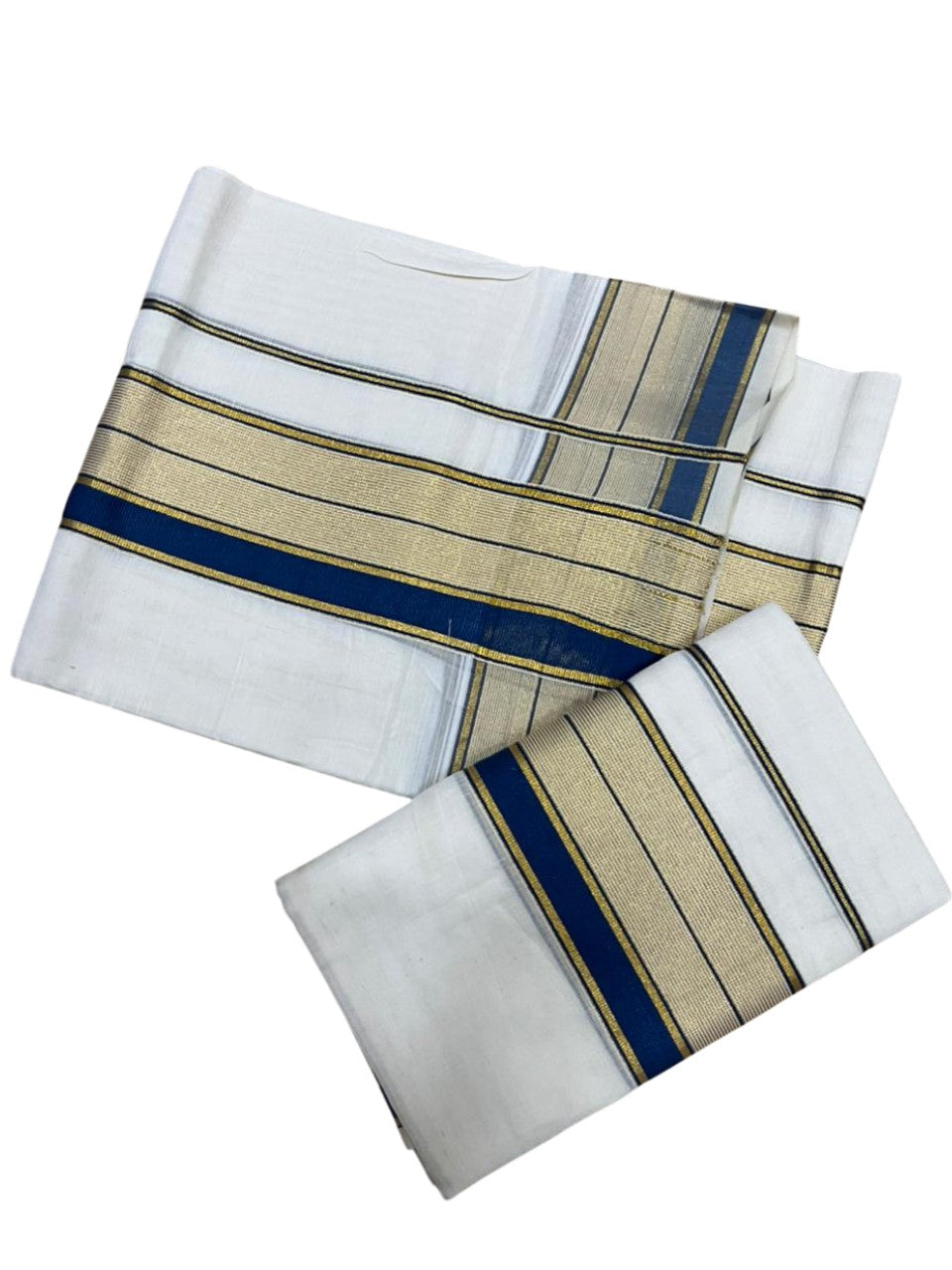 Southloom Pure Cotton Set Mundu with Gold Kasavu and Blue Borders 2.80 Mtrs SL376