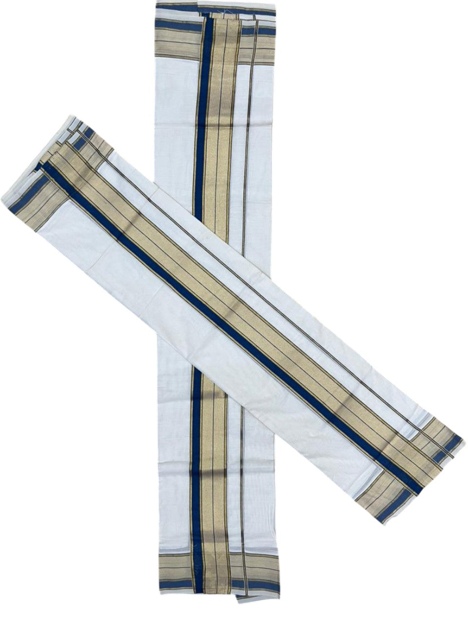 Southloom Pure Cotton Set Mundu with Gold Kasavu and Blue Borders 2.80 Mtrs SL376