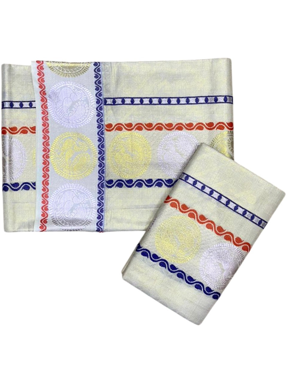 Southloom Tissue Set Mundu with Gold Kasavu And Peacock Design With Blue and Orange in Borders 2.80 Mtrs SL379