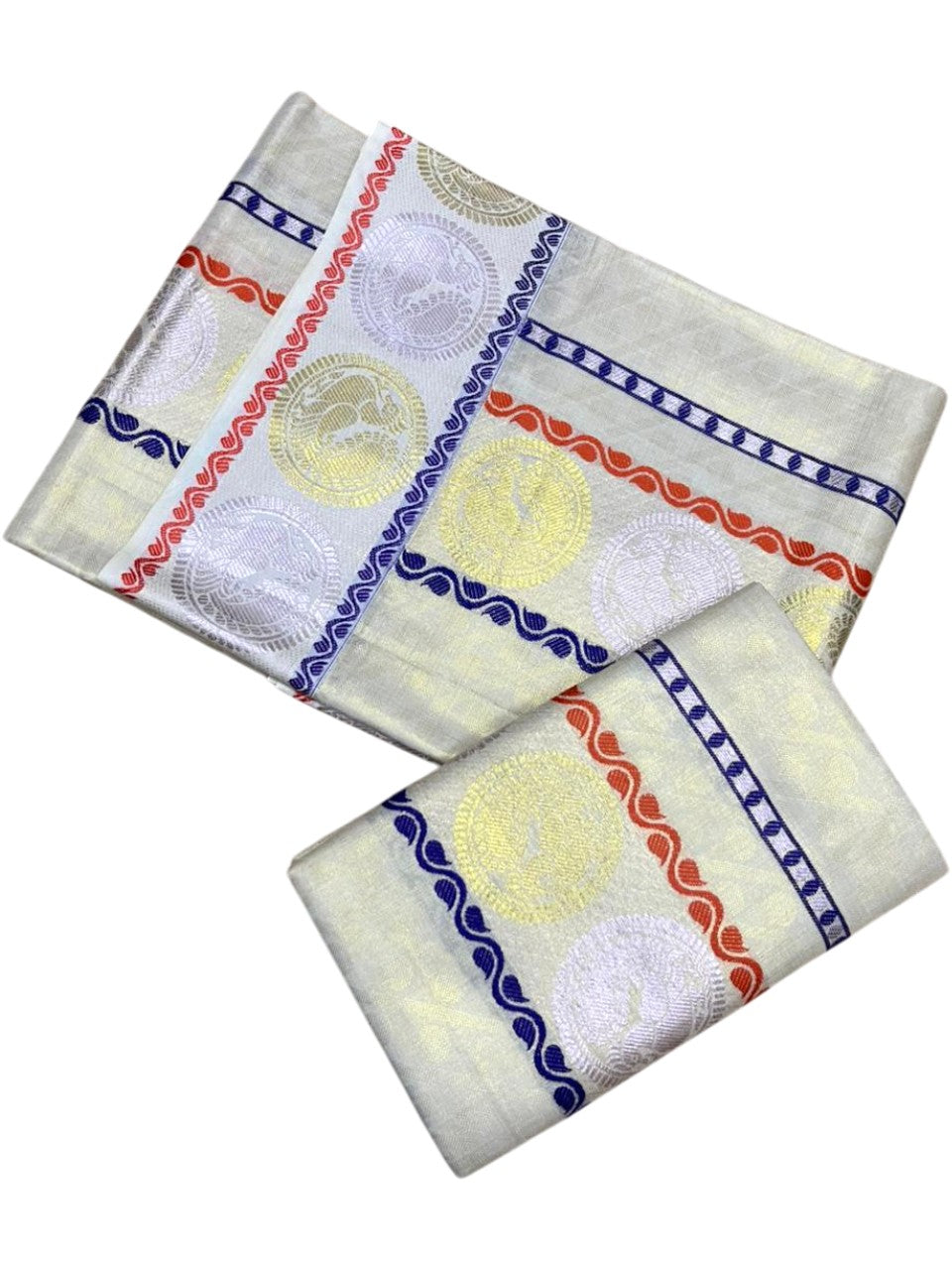 Southloom Tissue Set Mundu with Gold Kasavu And Peacock Design With Blue and Orange in Borders 2.80 Mtrs SL379