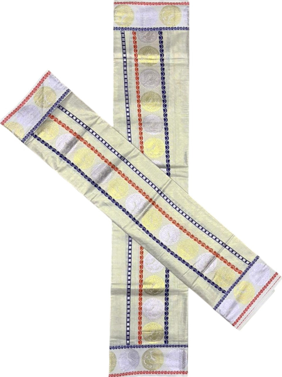 Southloom Tissue Set Mundu with Gold Kasavu And Peacock Design With Blue and Orange in Borders 2.80 Mtrs SL379