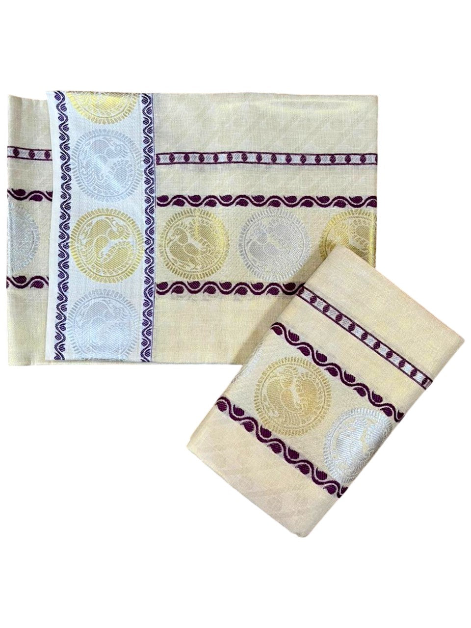Southloom Tissue Set Mundu with Gold Kasavu And Peacock Design With Purple in Borders 2.80 Mtrs SL379