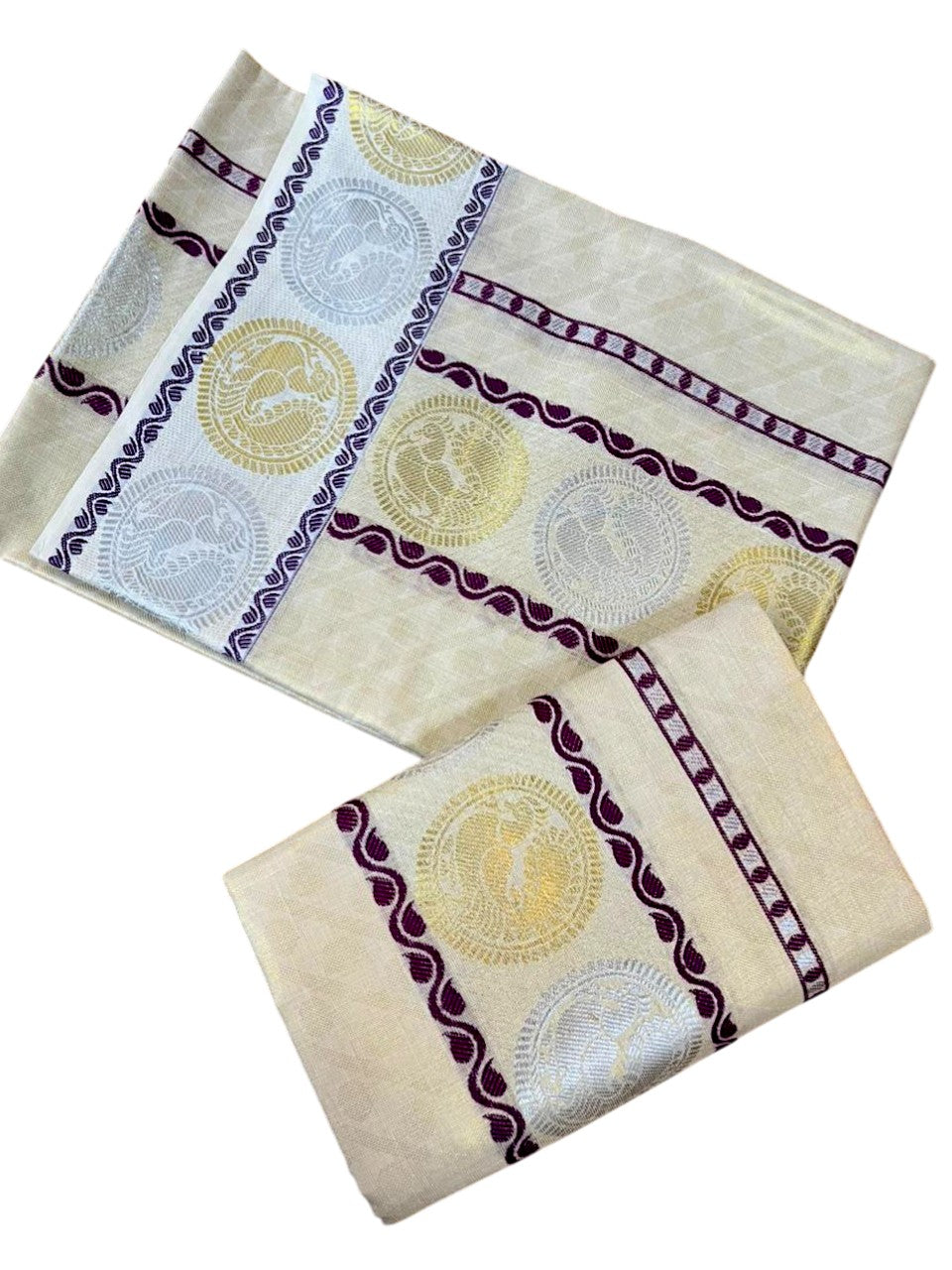 Southloom Tissue Set Mundu with Gold Kasavu And Peacock Design With Purple in Borders 2.80 Mtrs SL379