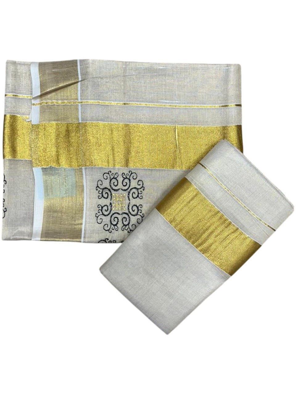 Southloom Tissue Set Mundu with Gold Kasavu Borders And Embroidery Design in Black 2.80 Mtrs SL380