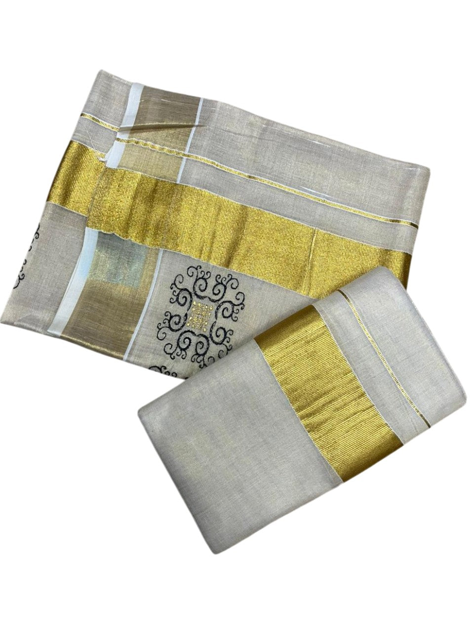 Southloom Tissue Set Mundu with Gold Kasavu Borders And Embroidery Design in Black 2.80 Mtrs SL380