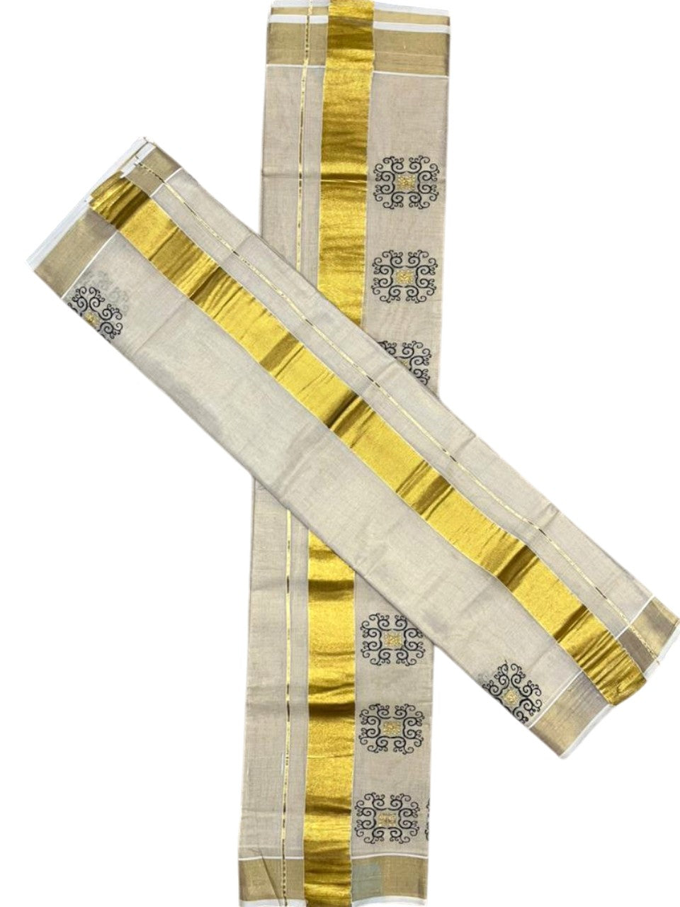 Southloom Tissue Set Mundu with Gold Kasavu Borders And Embroidery Design in Black 2.80 Mtrs SL380
