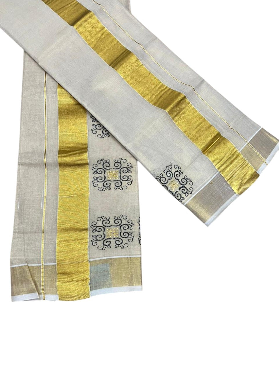 Southloom Tissue Set Mundu with Gold Kasavu Borders And Embroidery Design in Black 2.80 Mtrs SL380