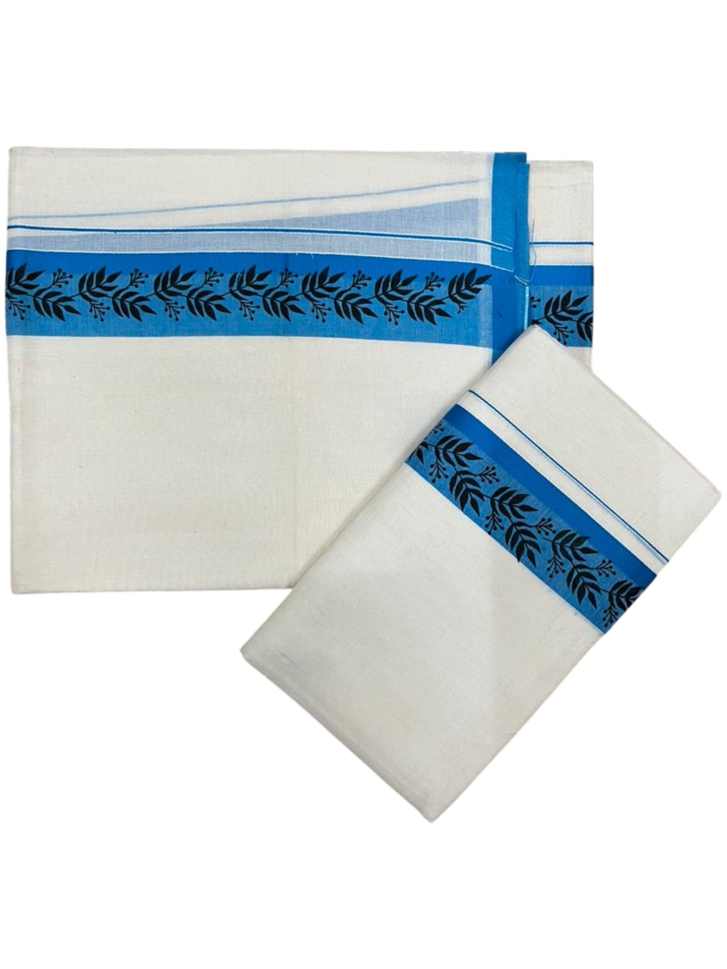 Southloom Kerala Mulloth Cotton Single Mundum Neriyathum with Digital Prints in Blue 2.80 Mtrs SL378