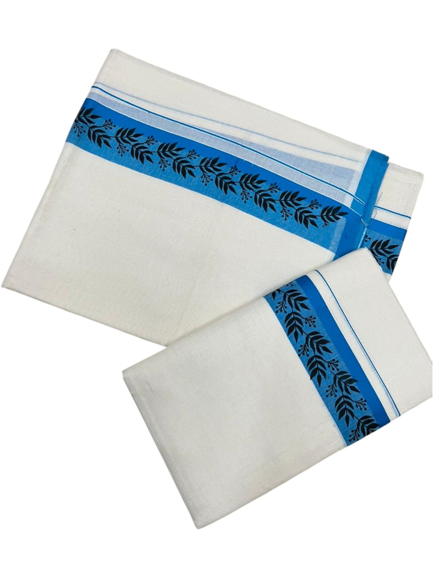 Southloom Kerala Mulloth Cotton Single Mundum Neriyathum with Digital Prints in Blue 2.80 Mtrs SL378