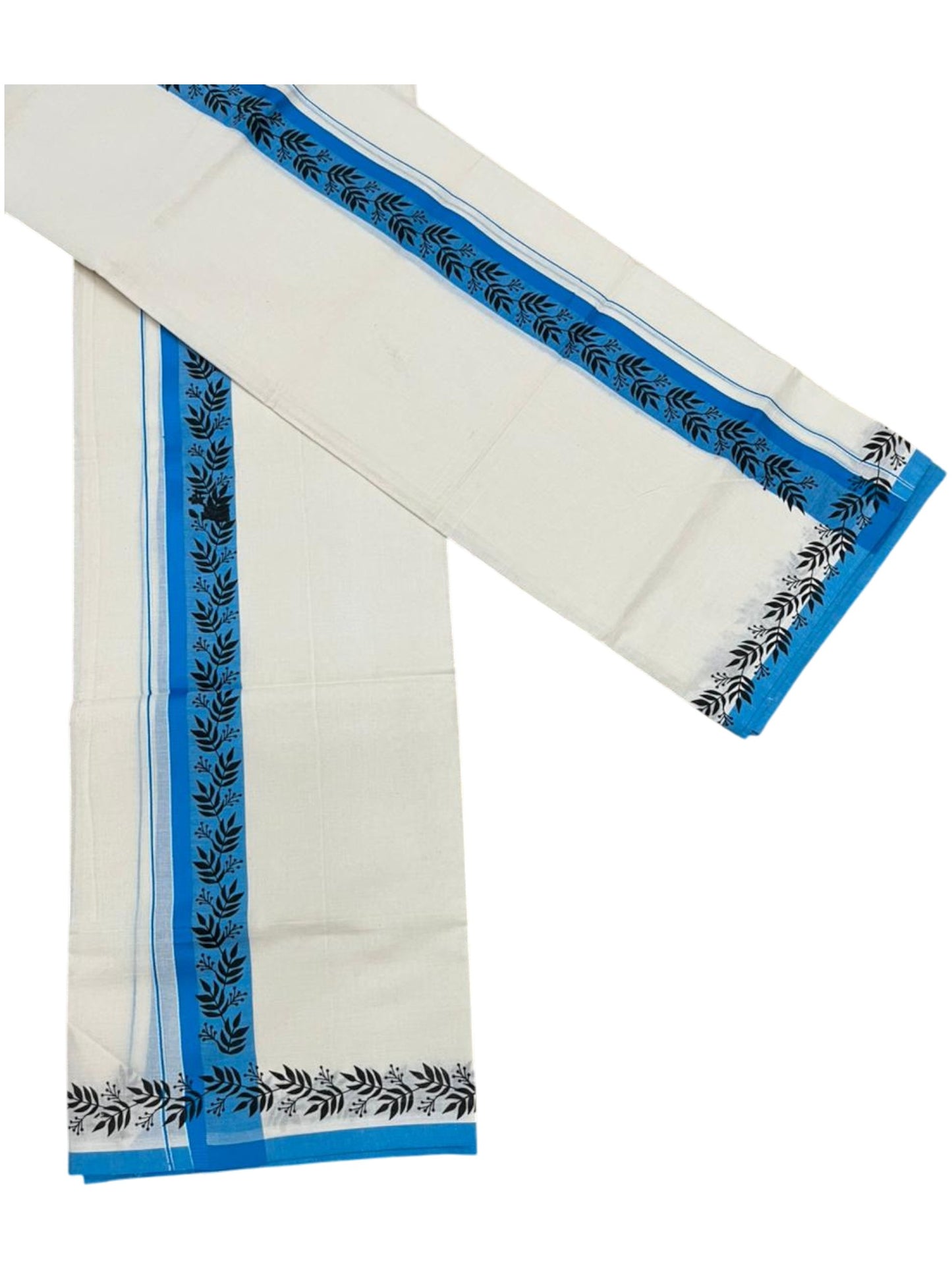 Southloom Kerala Mulloth Cotton Single Mundum Neriyathum with Digital Prints in Blue 2.80 Mtrs SL378