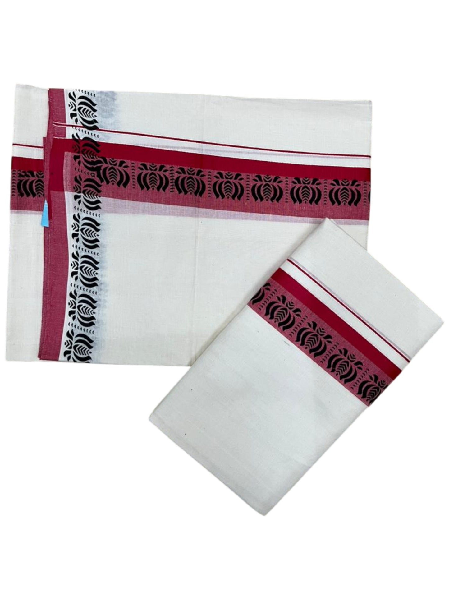 Southloom Kerala Mulloth Cotton Single Mundum Neriyathum with Digital Prints in Red 2.80 Mtrs SL378