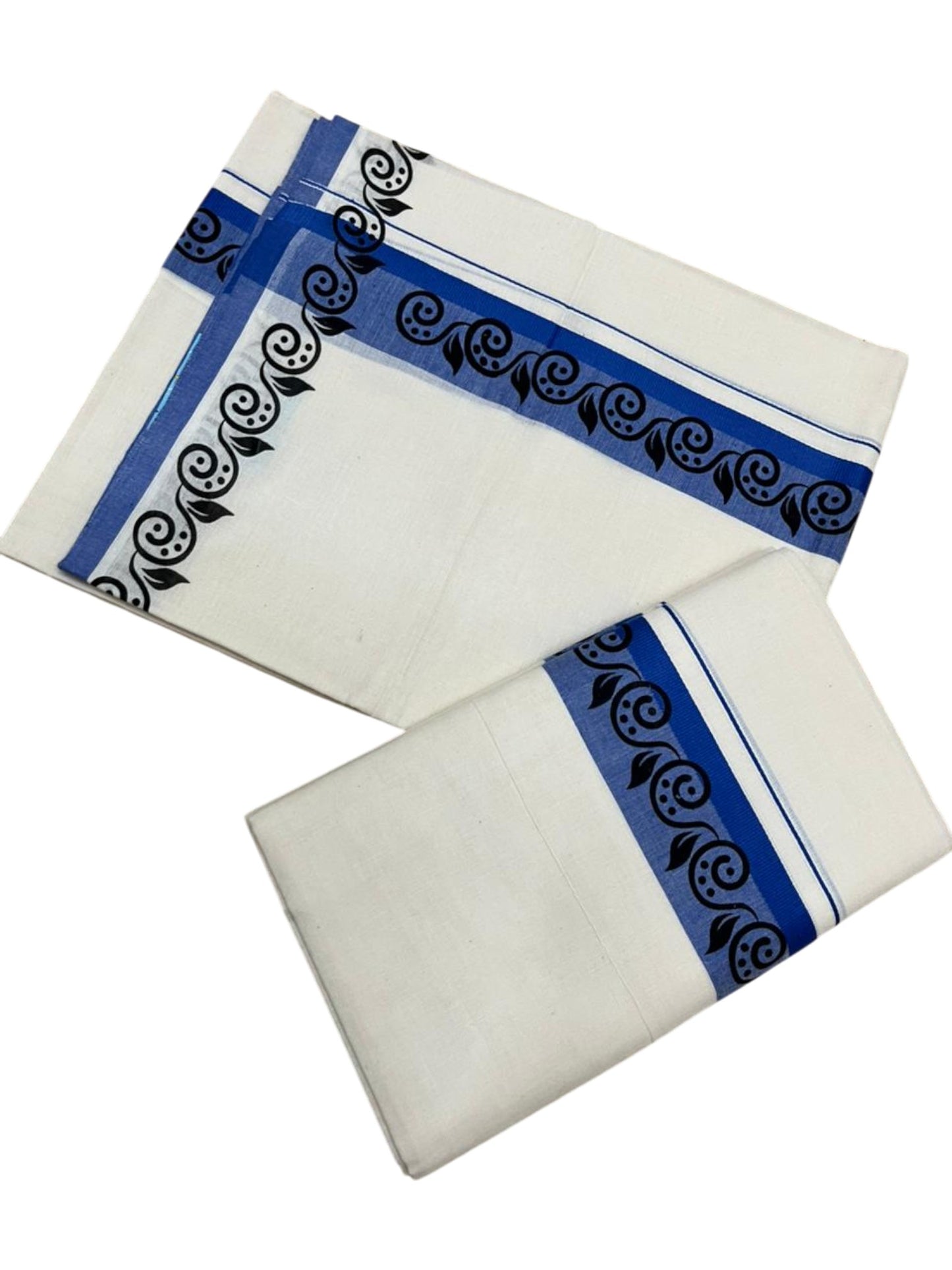 Southloom Kerala Mulloth Cotton Single Mundum Neriyathum with Digital Prints in Blue 2.80 Mtrs SL378