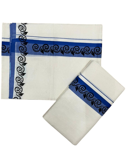 Southloom Kerala Mulloth Cotton Single Mundum Neriyathum with Digital Prints in Blue 2.80 Mtrs SL378