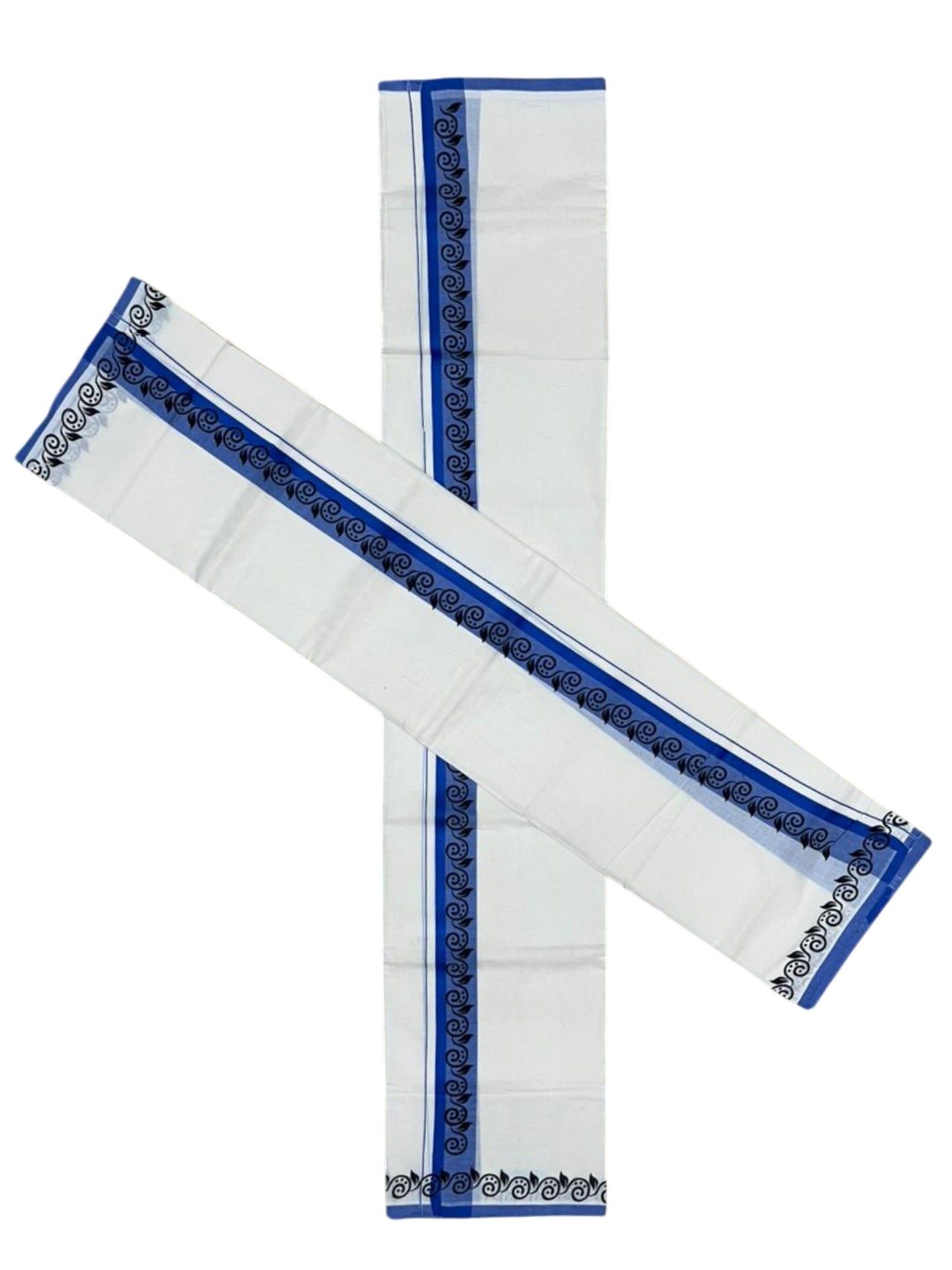 Southloom Kerala Mulloth Cotton Single Mundum Neriyathum with Digital Prints in Blue 2.80 Mtrs SL378