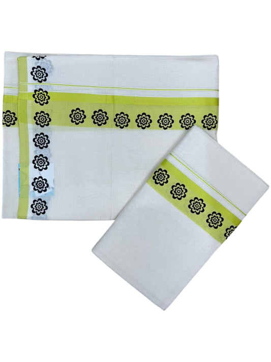 Southloom Kerala Mulloth Cotton Single Mundum Neriyathum with Digital Prints in Green 2.80 Mtrs SL378
