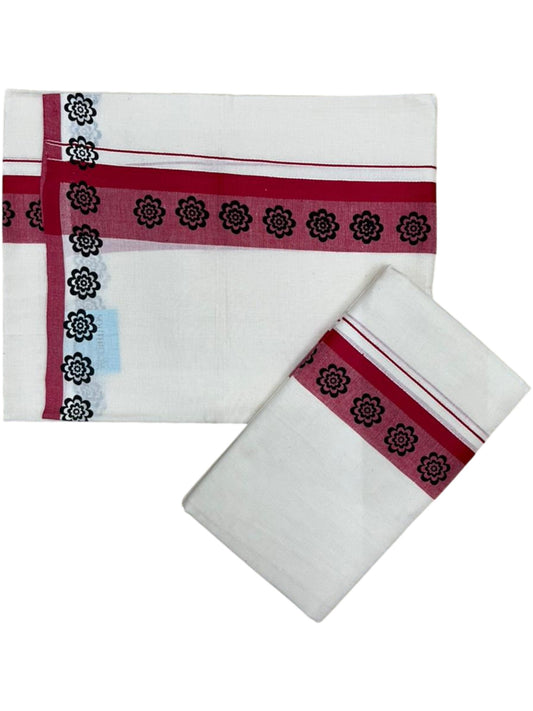 Southloom Kerala Mulloth Cotton Single Mundum Neriyathum with Digital Prints in Red 2.80 Mtrs SL378