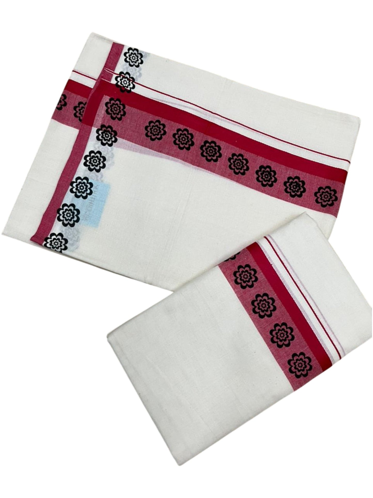 Southloom Kerala Mulloth Cotton Single Mundum Neriyathum with Digital Prints in Red 2.80 Mtrs SL378
