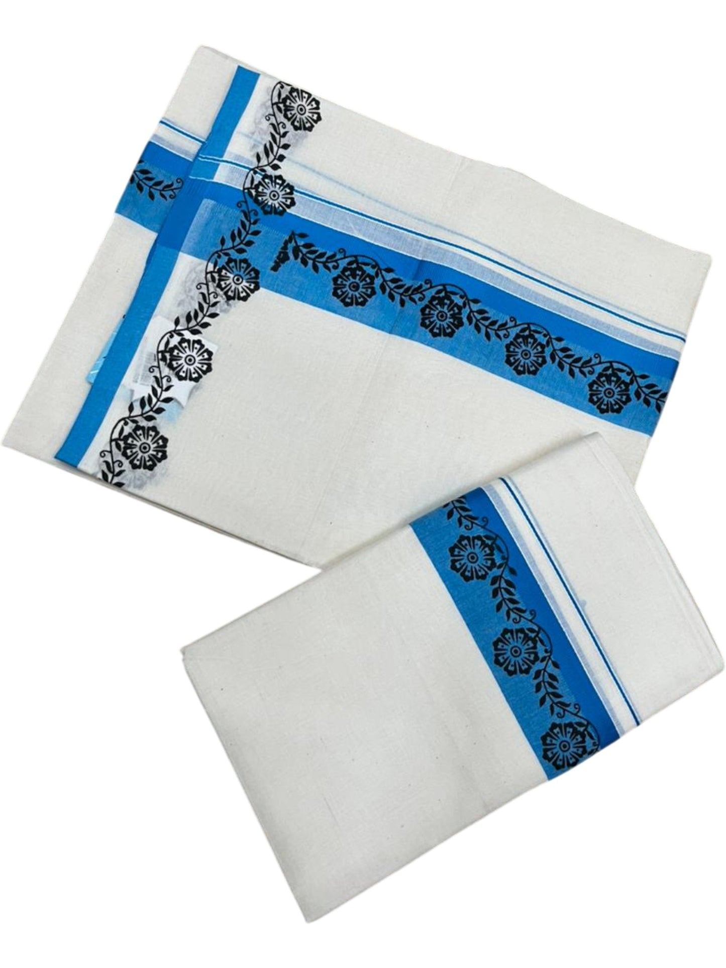 Southloom Kerala Mulloth Cotton Single Mundum Neriyathum with Digital Prints in Blue 2.80 Mtrs SL378