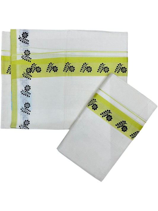Southloom Kerala Mulloth Cotton Single Mundum Neriyathum with Digital Prints in Green 2.80 Mtrs SL378