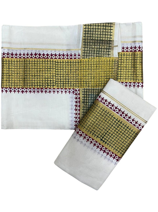 Southloom Pure Cotton Set Mundu with Gold Kasavu and Digital Print in Maroon 2.80 Mtrs SL374