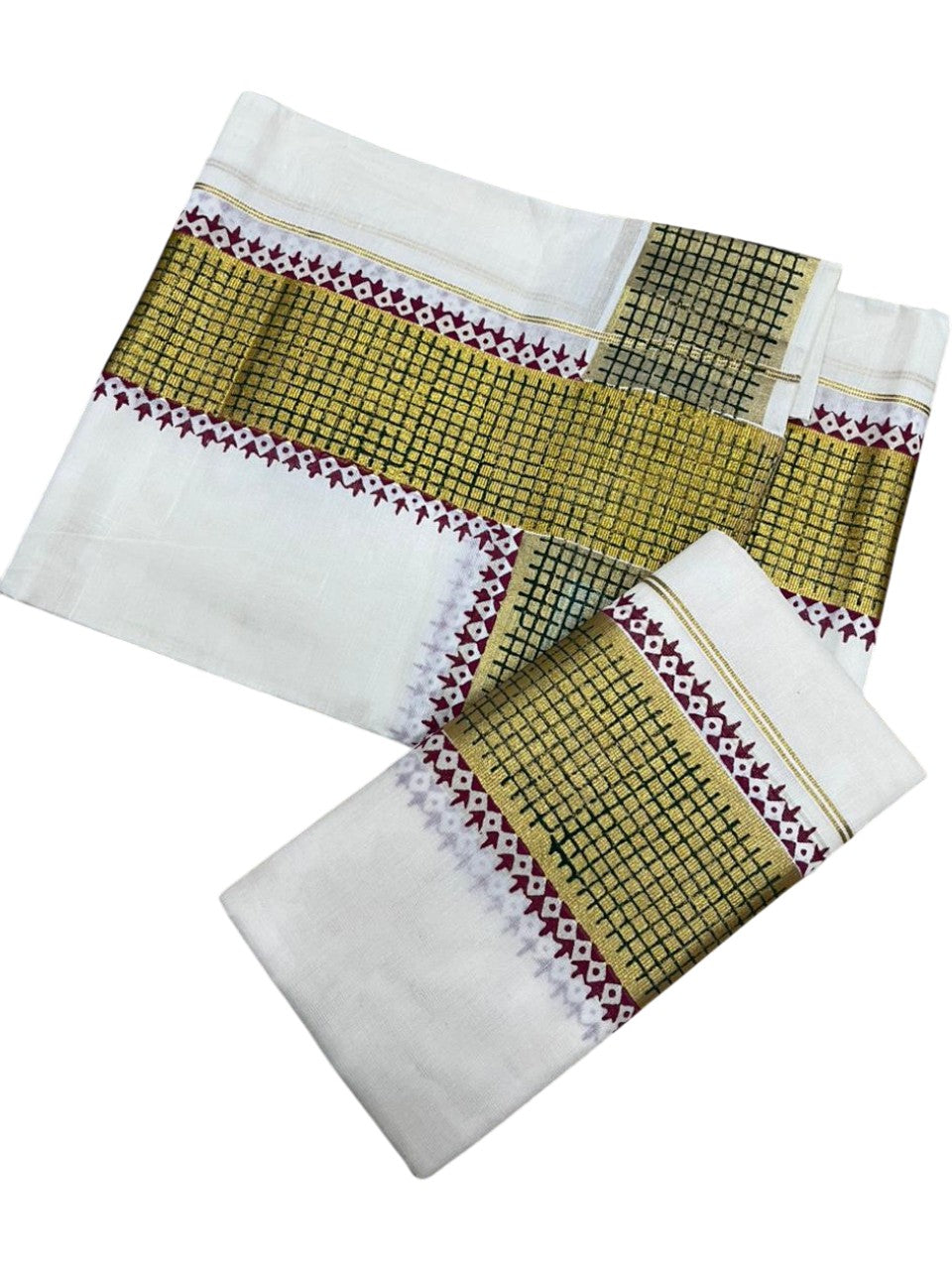Southloom Pure Cotton Set Mundu with Gold Kasavu and Digital Print in Maroon 2.80 Mtrs SL374