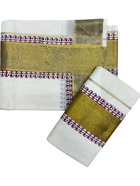 Southloom Pure Cotton Set Mundu with Gold Kasavu and Digital Print in Maroon 2.80 Mtrs SL374