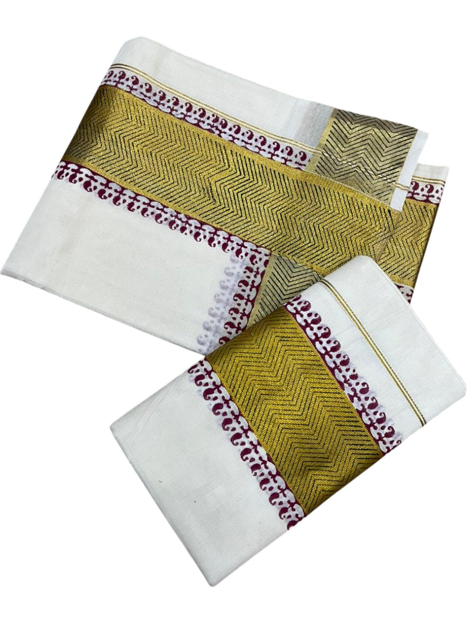 Southloom Pure Cotton Set Mundu with Gold Kasavu and Digital Print in Maroon 2.80 Mtrs SL374