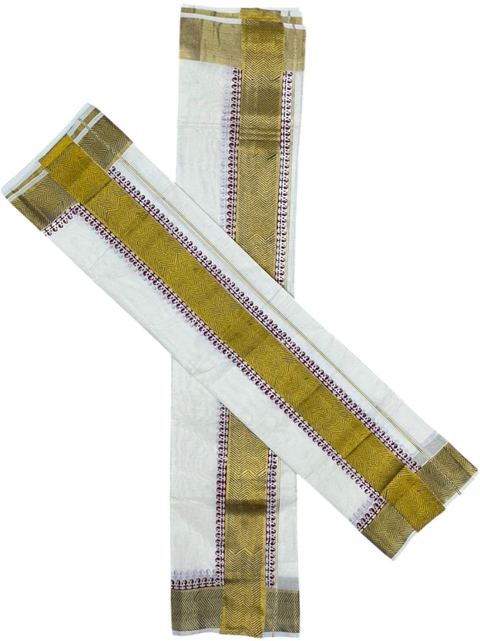 Southloom Pure Cotton Set Mundu with Gold Kasavu and Digital Print in Maroon 2.80 Mtrs SL374