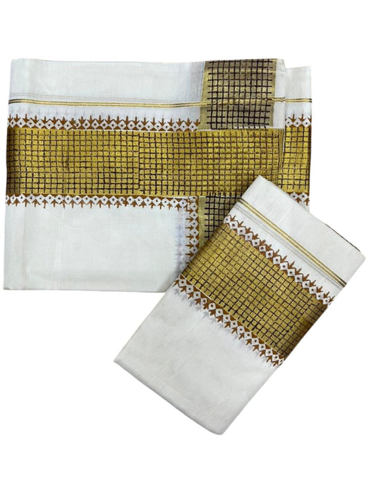 Southloom Pure Cotton Set Mundu with Gold Kasavu and Digital Print in Mustard Yellow 2.80 Mtrs SL374