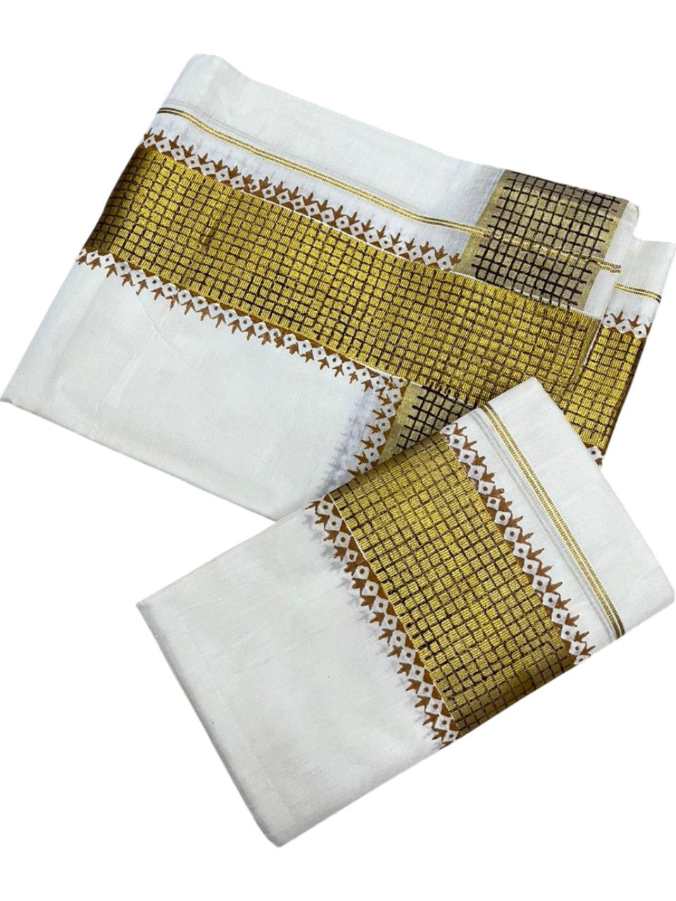 Southloom Pure Cotton Set Mundu with Gold Kasavu and Digital Print in Mustrad Yellow 2.80 Mtrs SL374